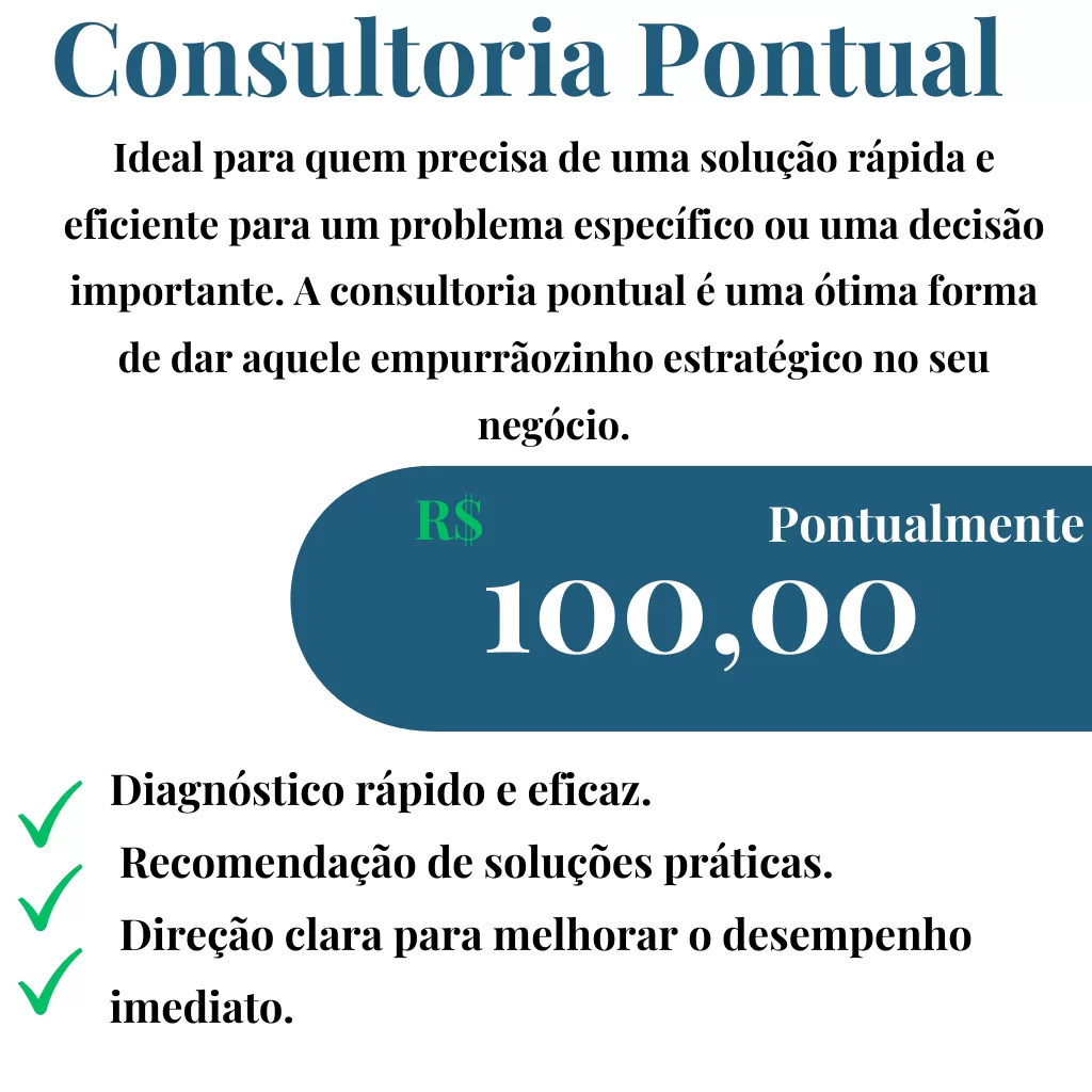 tabela de preço com o titulo consultoria pontual, fundo branco com tarja azul com preço em letras brancas no valor de R$ 100,00 pontualmente