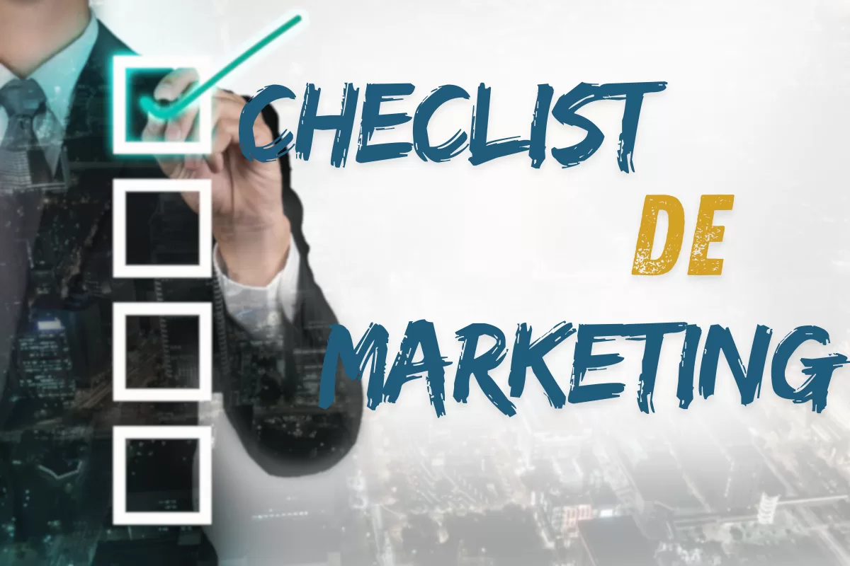 imagem de um homem atrás de um uma caixa de seleção ao lado das palavras" checlist de Marketing